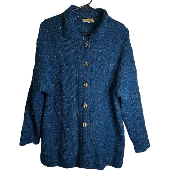 Carraig Don Sweaters - Carraig Donn Aran Irish Fisherman Sweater Marled Blue Speckled Pure New Wool M